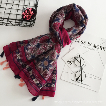 Primavera verano lady bufanda de viaje estampado patrón geométrico bufanda larga bufandas hijab material de algodón y lino 2018